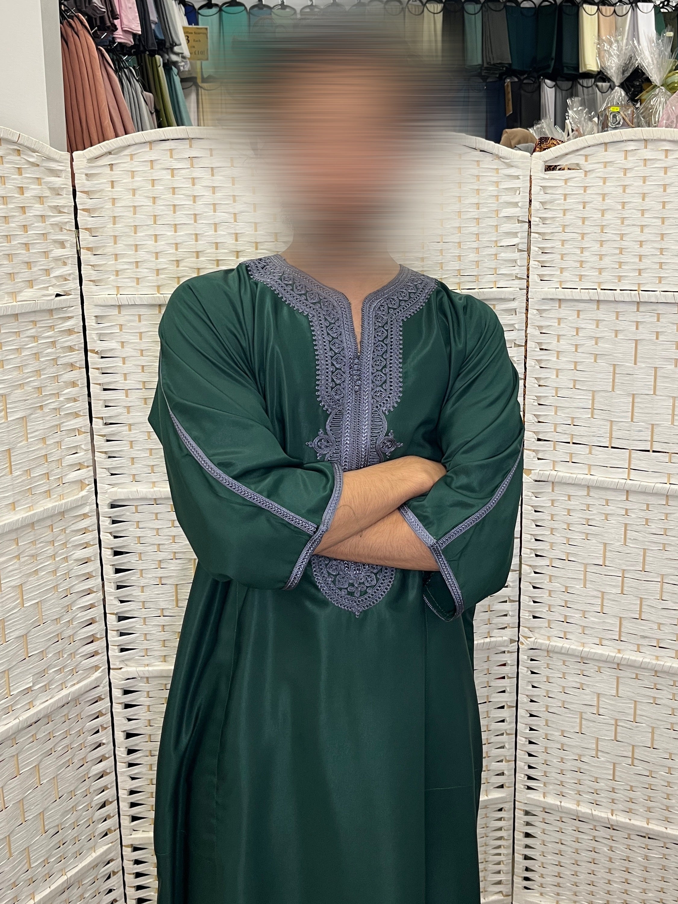 Moroccan Thobe – Deep Emerald Green / Grey Embroidery