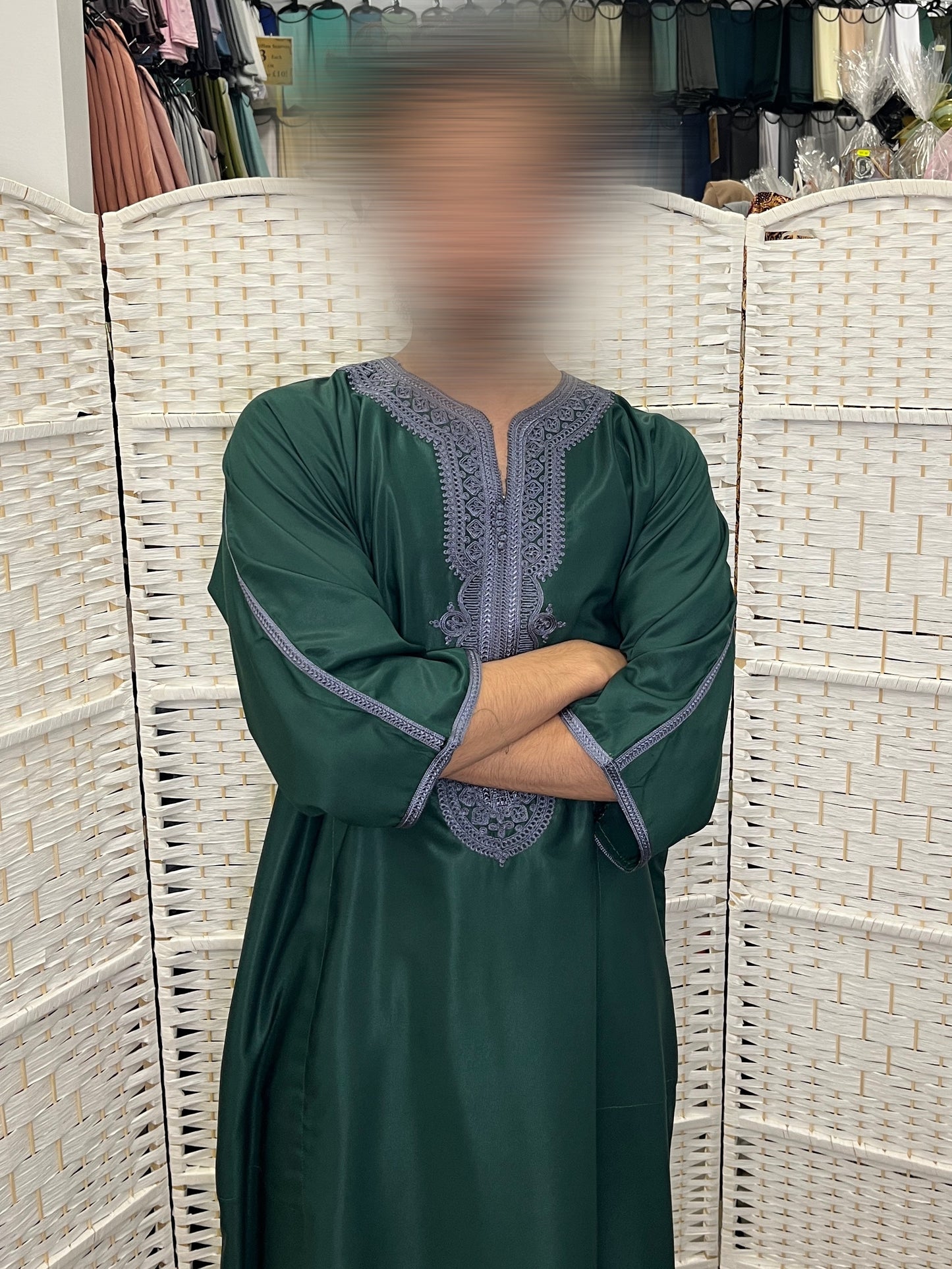 Moroccan Thobe – Deep Emerald Green / Grey Embroidery