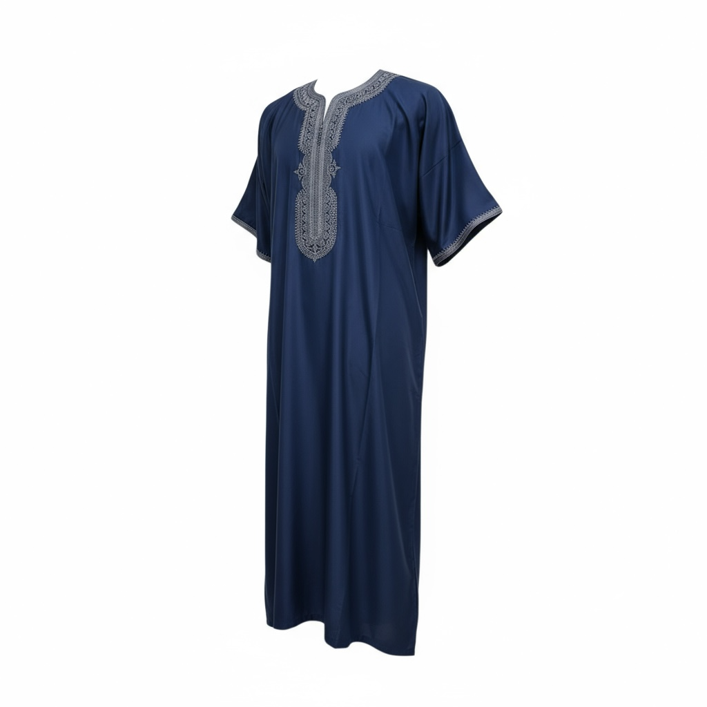 Moroccan Thobe ~ Dark Navy Blue / Grey Embroidery
