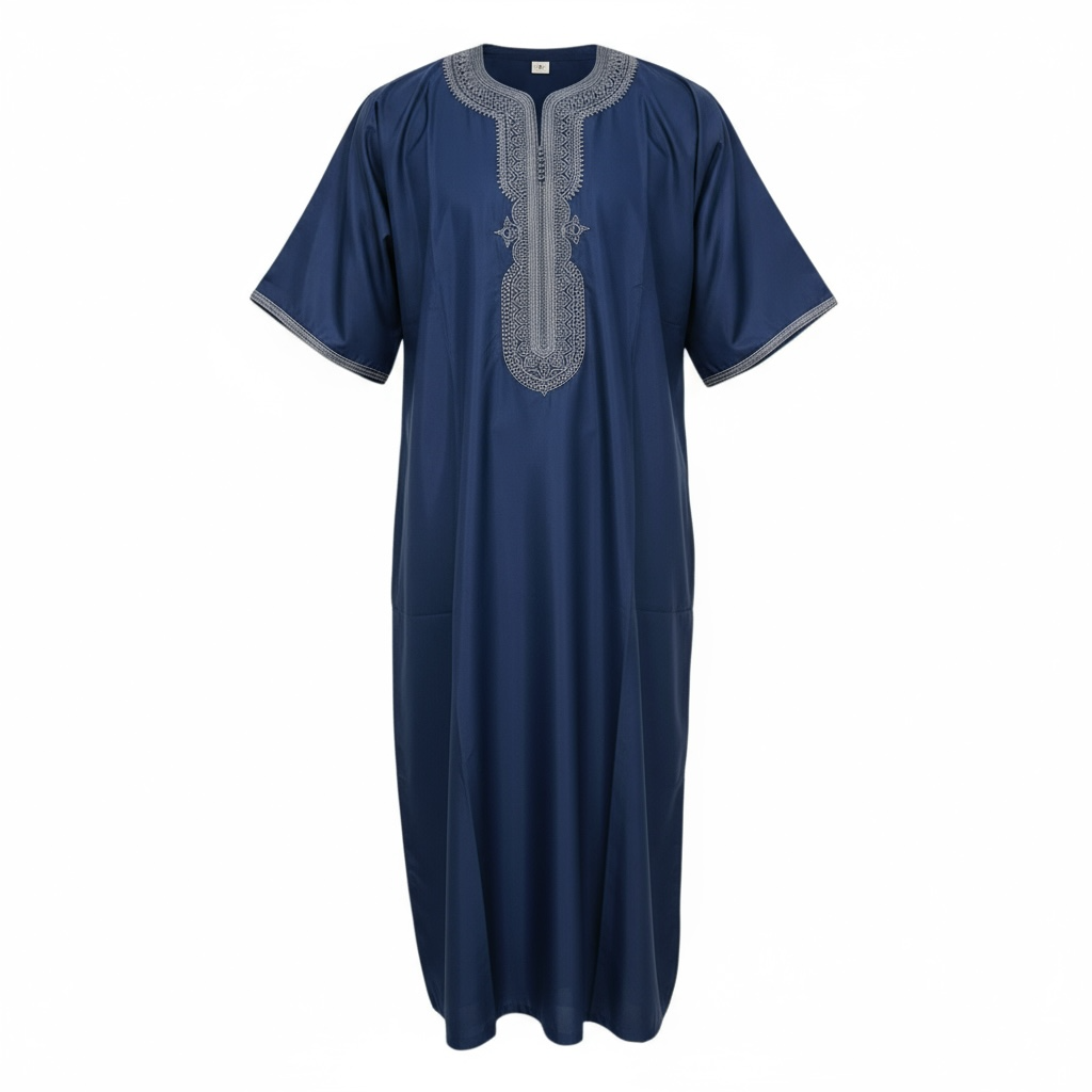 Moroccan Thobe ~ Dark Navy Blue / Grey Embroidery