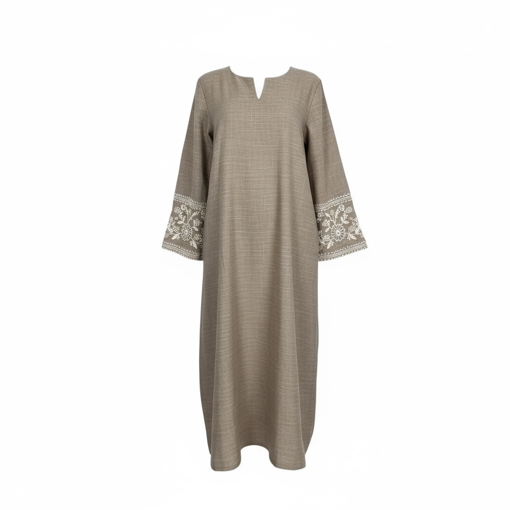 Embroidered Linen Abaya ~ Taupe