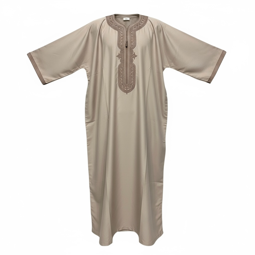 Moroccan Thobe ~ Light Tan / Tonal Embroidery
