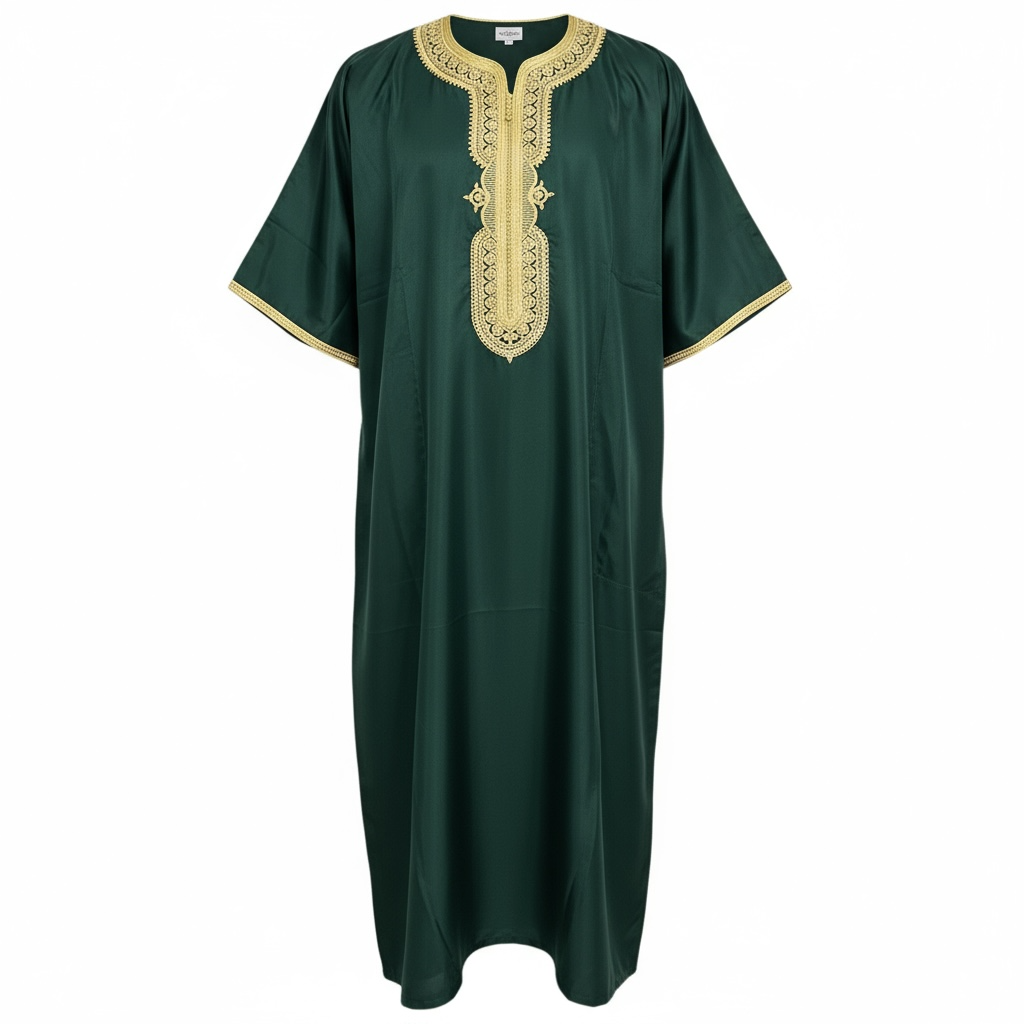 Moroccan Thobe ~ Deep Emerald  / Gold Embroidery