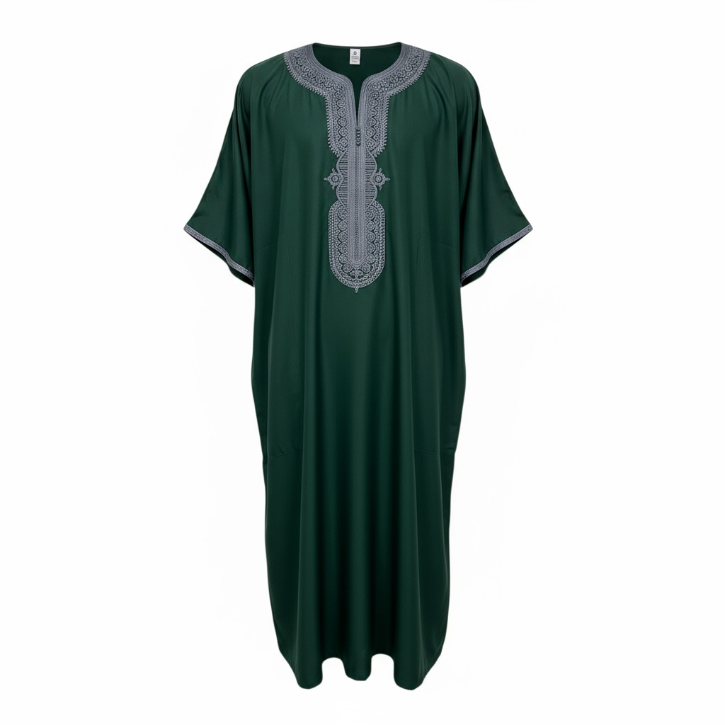 Moroccan Thobe – Deep Emerald Green / Grey Embroidery
