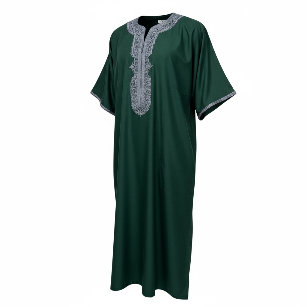 Moroccan Thobe – Deep Emerald Green / Grey Embroidery
