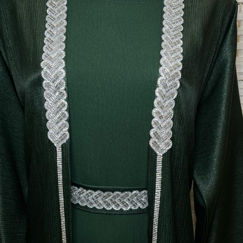 Elegance Layered Two-Piece Abaya Inner + Open Overlayer with Silver Embellishments & Matching Scarf for Special Occasions