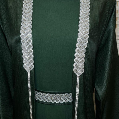 Elegance Layered Two-Piece Abaya Inner + Open Overlayer with Silver Embellishments & Matching Scarf for Special Occasions