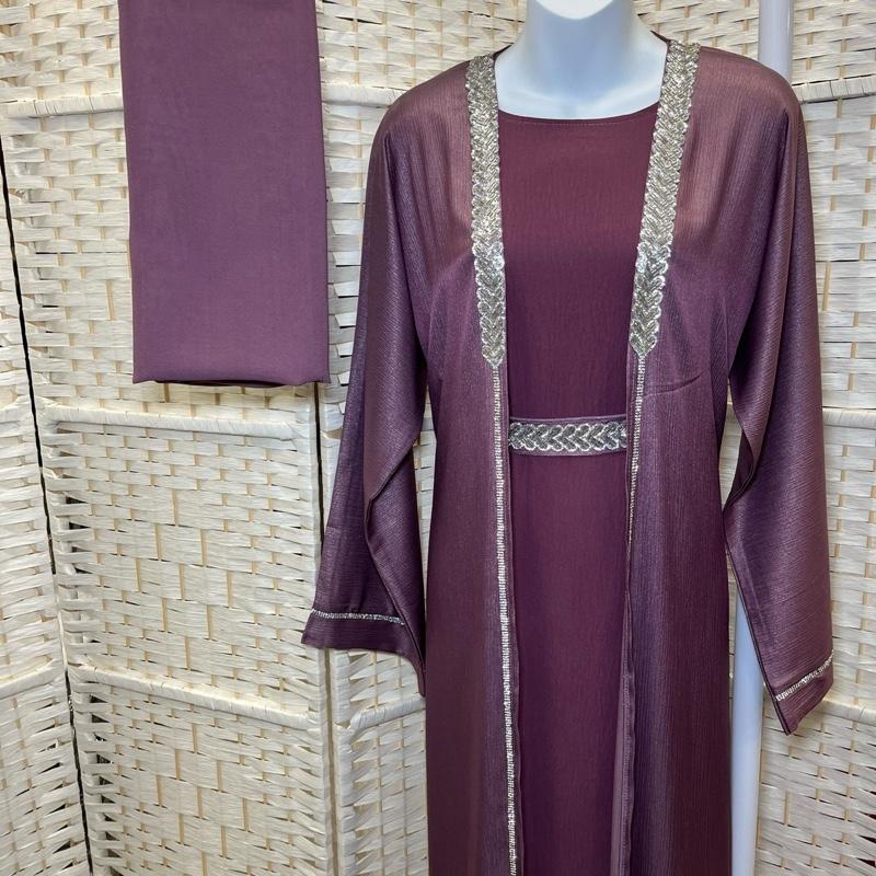 Elegance Layered Two-Piece Abaya Inner + Open Overlayer with Silver Embellishments & Matching Scarf for Special Occasions