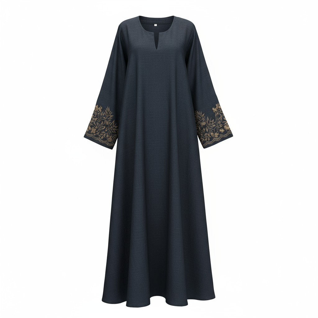 Embroidered Linen Abaya ~ Dark Navy Blue