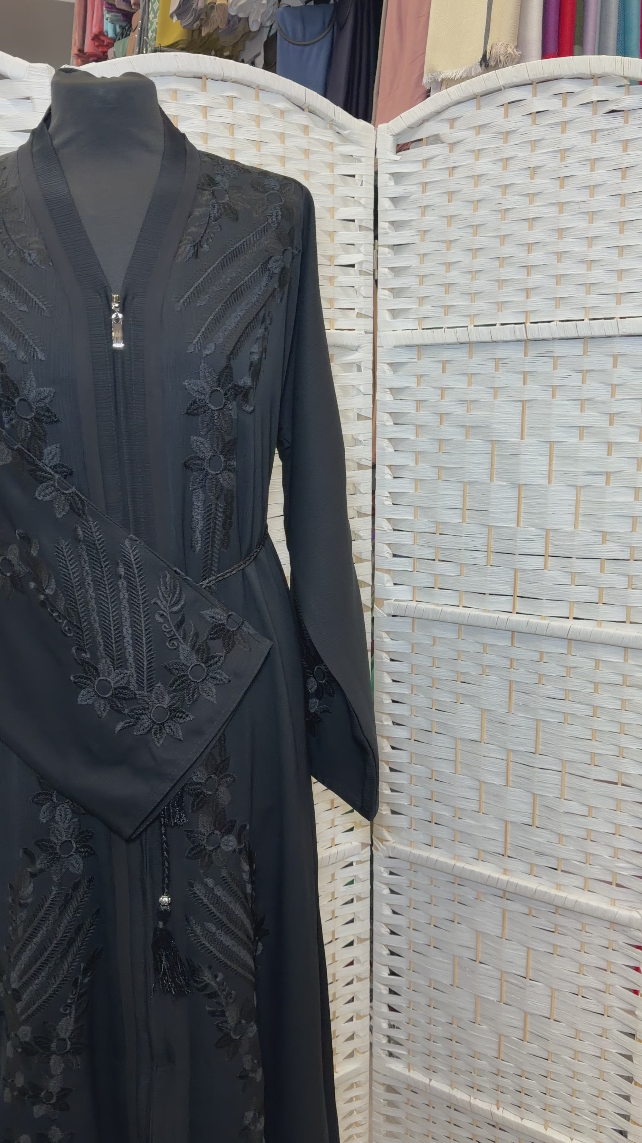 Elegant Black Embroidered Zip-Front Abaya | Classic Modest Abaya with Matching Scarf And Belt
