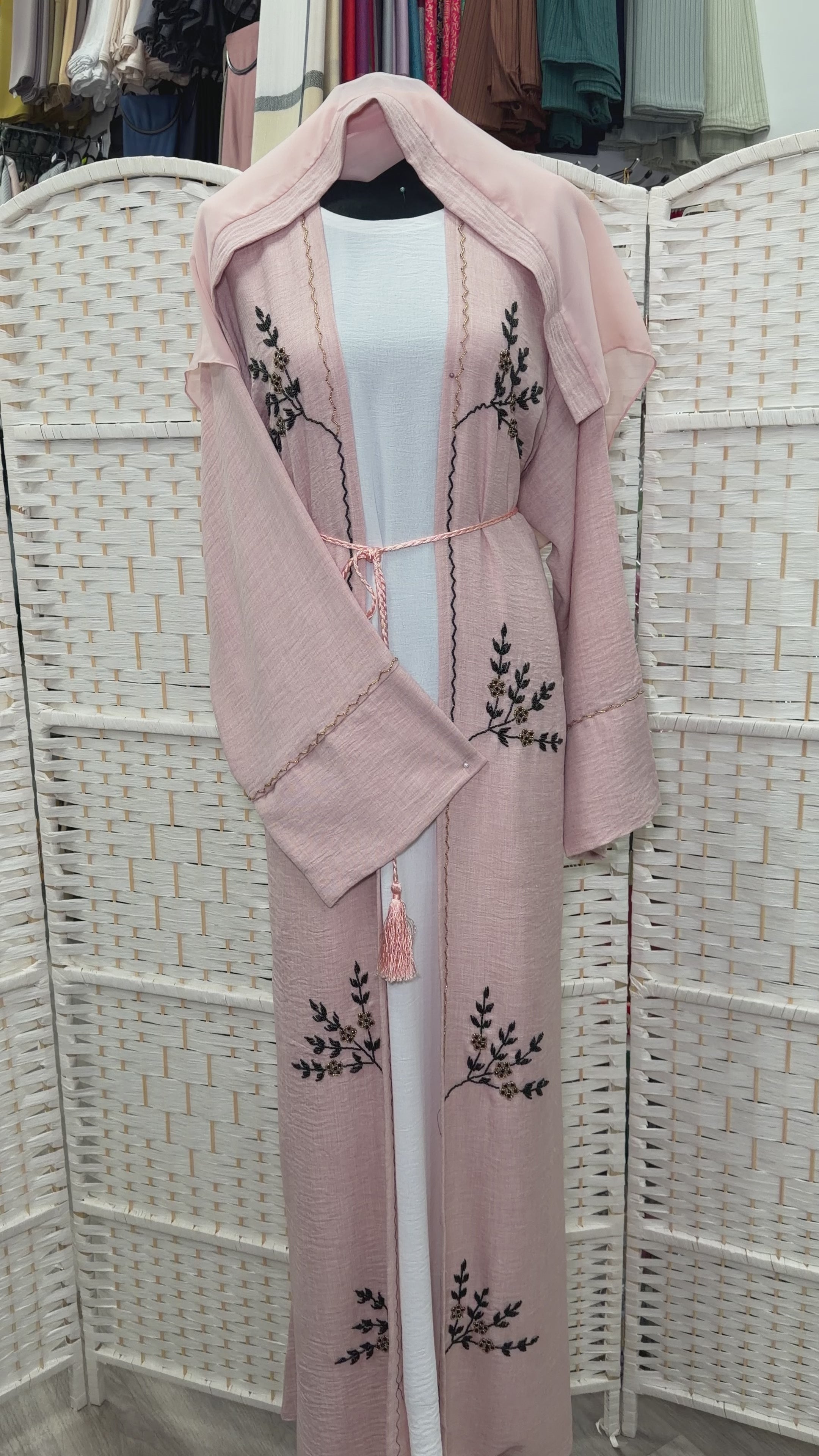 Luxury Beaded 2-Piece Linen Abaya Set | Soft Linen Overlayer + CY Inner Dress | Includes Belt & Matching Scarf